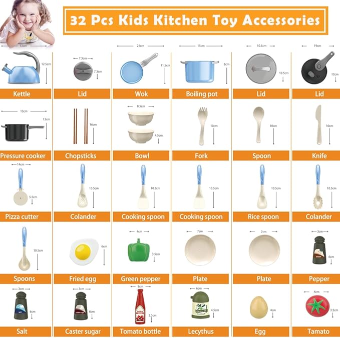 Bruvoalon 32Pcs Kids Play Kitchen Toys Set, Toddlers Pretend Cooking Playset Acccessories with Pots Pans, Utensils Cookware, Foods, Canned Veges, Learning Gift for Kids Girls Boys (Blue)