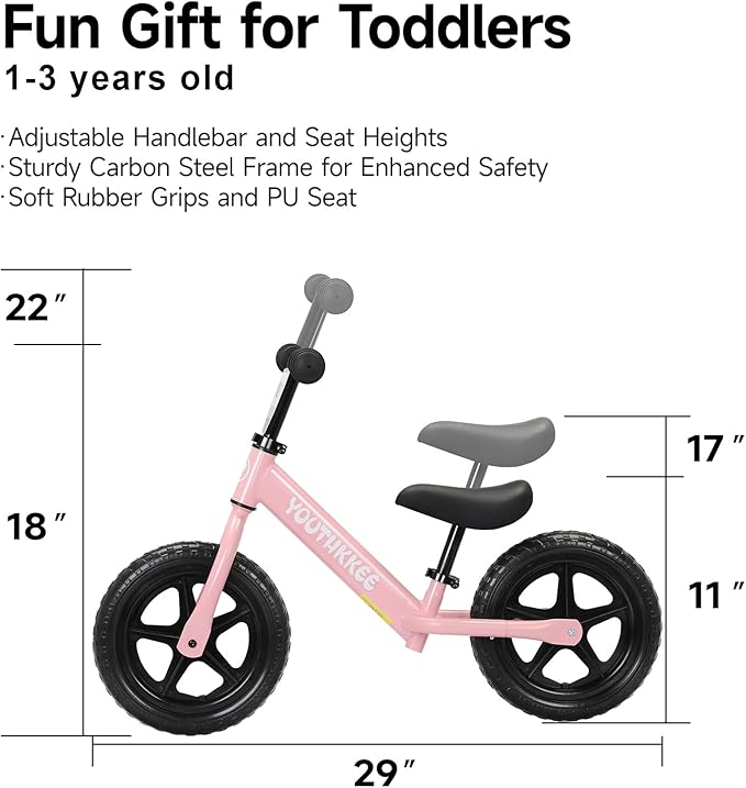 12 Inch Toddler Balance Bike for 1-3 Year Olds, No-Pedal Bike with Tool-Free Adjustable Seat, Quick Assembly, Gift for 1-3 Year Old Boys & Girls with Customizable Plate
