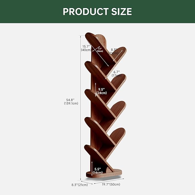 10 Tiers Bookshelf, Standing Tree Bookshelf, Creative Multi-Layer Bookcase, Standing Bookcase Rack Book Storage Organizer Shelves for Study, Bedroom, Office Walnut