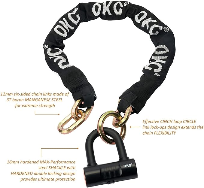 OKG Ultra Security Motorcycle Chain Lock, 4 Keys, 13lbs, 5 ft x 1/2in (12mm) Thick Motorcycle Lock Chain, Heavy Duty Chain Lock, High Security Cut Proof Chain Combo Anti Theft Heavy Duty Small U-Lock