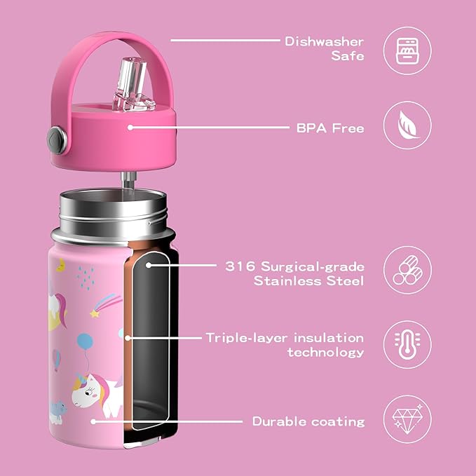 OISIZ Kids Water Bottle with Straw Lid 10oz, Vacuum Insulated 316 Stainless Steel Water Bottles for Kids for School, Leakproof Water Bottle, BPA Free and Keep Cold for 24 Hours