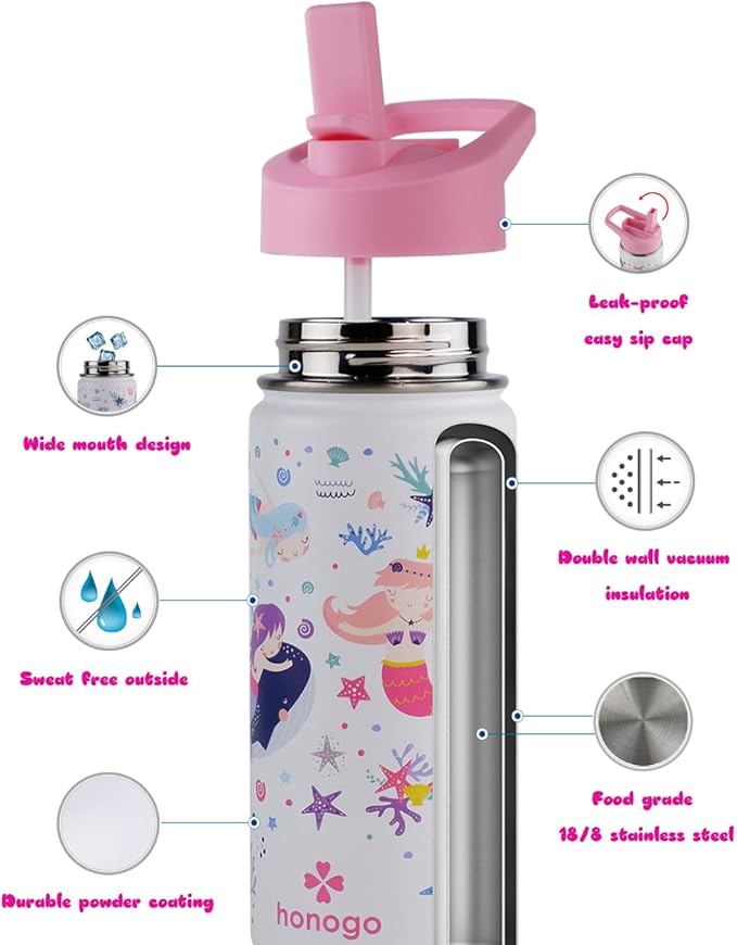 16 oz Stainless Steel Insulated Kids Water Bottle, Leak Proof Metal Thermal Flask with Straw lid, Cute Toddler Tumbler Cup for School Girls & Boys (White, Mermaid)