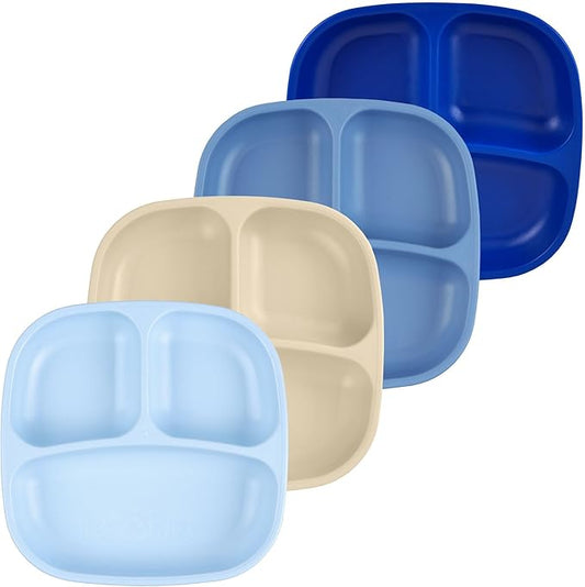 Re-Play Toddler Plates with Dividers - Deep-Walled 3 Compartments Divided Plates for Kids - Dishwasher & Microwave Safe - Made in USA - Set of 4-7.37" x 7.37" x 1.25" - Cool Blue