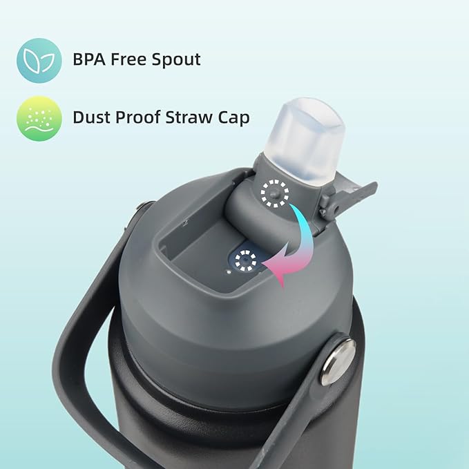 Insulated Water Bottle with Straw Lid,40 oz Stainless Steel Vacuum Metal Bottle with Silicone Handle,Black