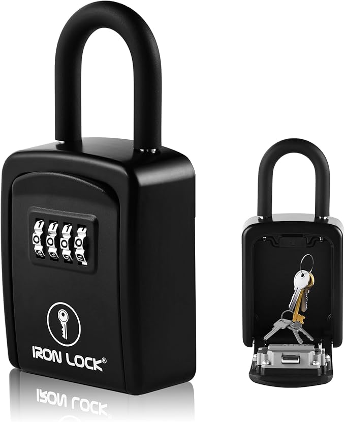 Iron Lock® Portable Key Lock Box with Removable U-Shackle Indoor Outdoor Waterproof 4 Digit Combination Resettable Code with A B Switch Key Lockbox for Outside Spare Keys for Realtors (Small, Black)