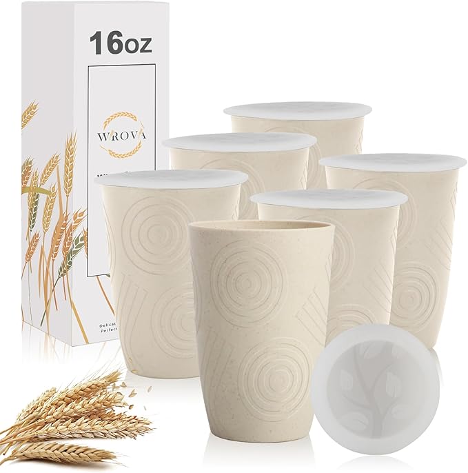 Wheat Straw Cups with Silicone Covers 16oz Set of 6 - Alternative Plastic Cups Microwave & Dishwasher Safe - Plastic Drinking Cups Unbreakable for Kids - Beige