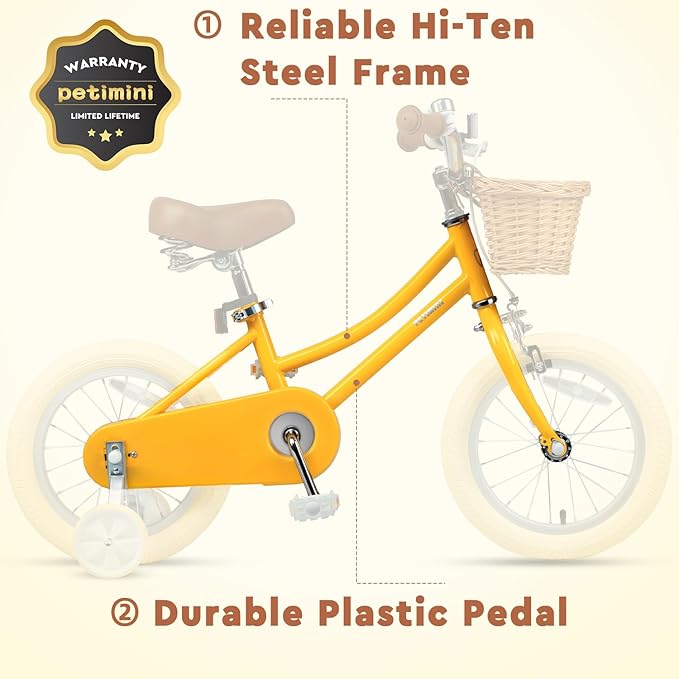 Petimini Girls Bike with Basket for 2-12 Years Old Kids, 12 14 16 18 20 Inch Bicycle with Bell Training Wheels Basket, Multiple Colors