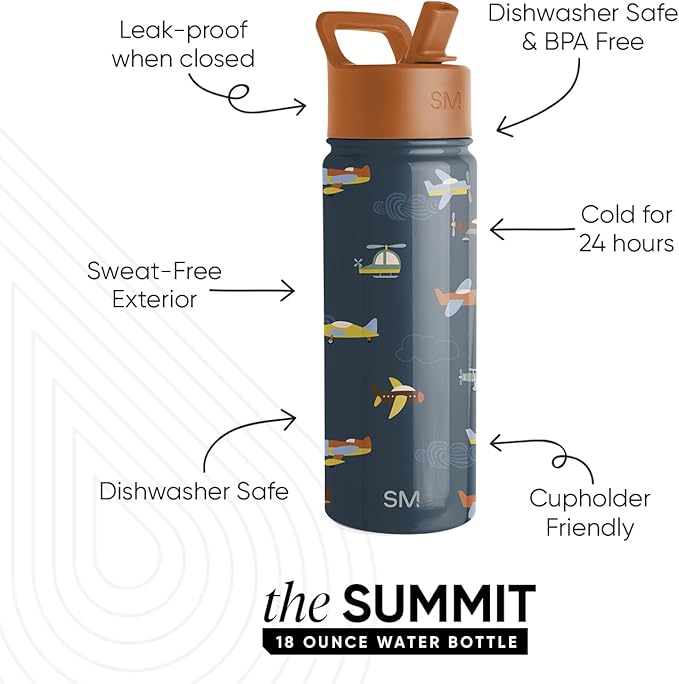 Simple Modern Kids Summit Water Bottle with Straw Lid | 18oz Stainless Steel Cup Insulated Tumbler for Toddlers, School | Wheels Up