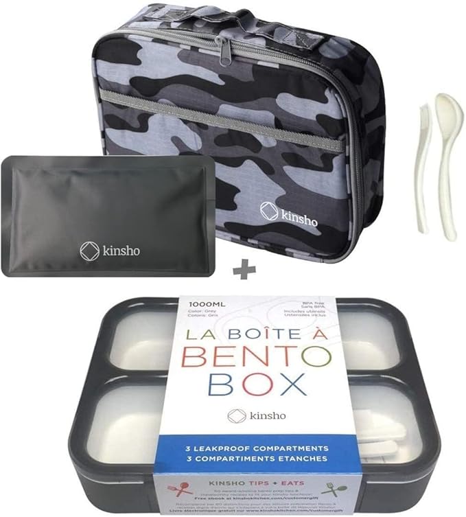 kinsho Bento Box with Insulated Lunch Bag and Ice Pack. Lunch Container with 3 Divided Leak-Resistant Compartments Perfect for Work or School, Adults Boys Kids, Black with Camo Bag