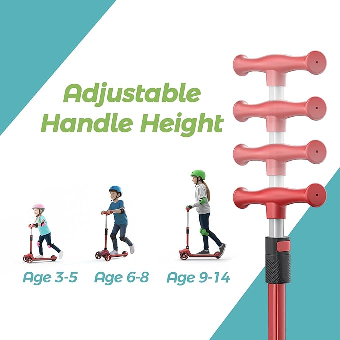 YING LU 3 Wheel Scooter for Kids, Adjustable Foldable Kids Kick Scooter with Luminous Tires & Rear Foot Brake, 50kg Capacity (Red)