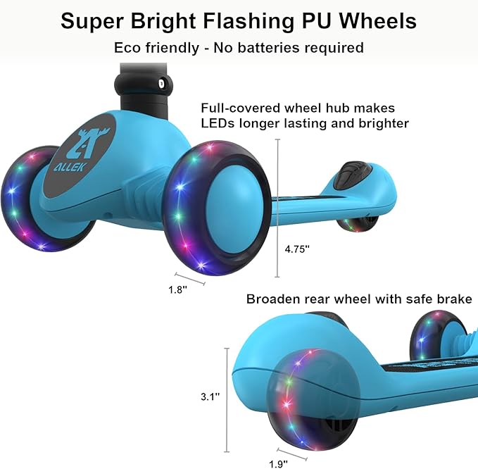 Allek Kick Scooter Foldable F02, 3-Wheel LED Flashing Glider and 4 Adjustable Height with Anti-Slip Thick Deck Push Scooter for Children 3-12yrs