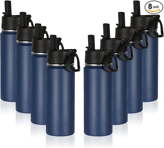 Volhoply 16 OZ Kids Water Bottle Bulk 8 Pack,Insulated Sports Bottles with Straw Lid,Stainless Steel Bottle with Handle Keep Cold & Hot,Double Wall Vacuum Tumbler Cups for School,Girls(Navy, 8)