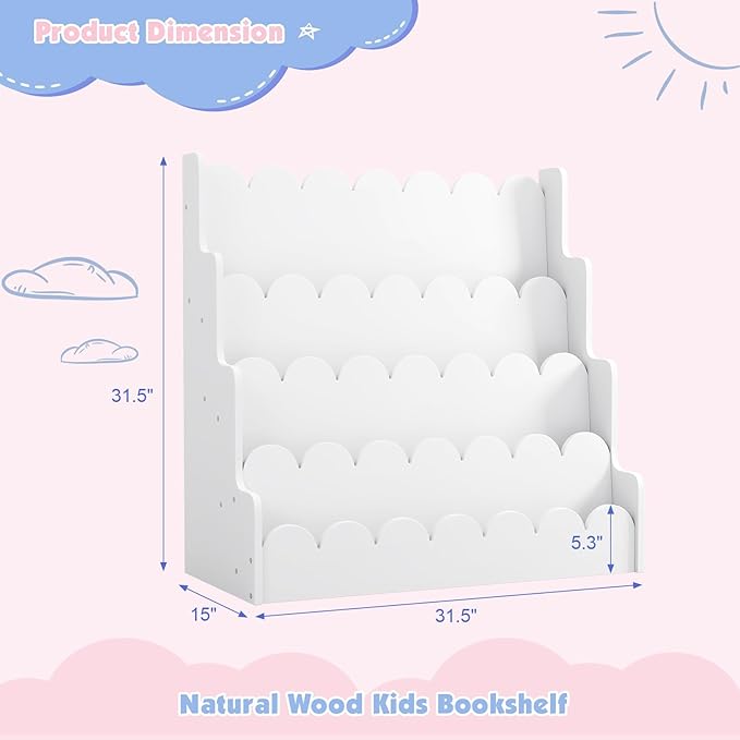 NACHES Kids Bookshelf Wooden 4 Tier Scalloped Bookshelf Toddler Montessori Bookcase Children Front Facing Display Book Shelves for Nursery Kids Room Reading Room Bedroom Classroom