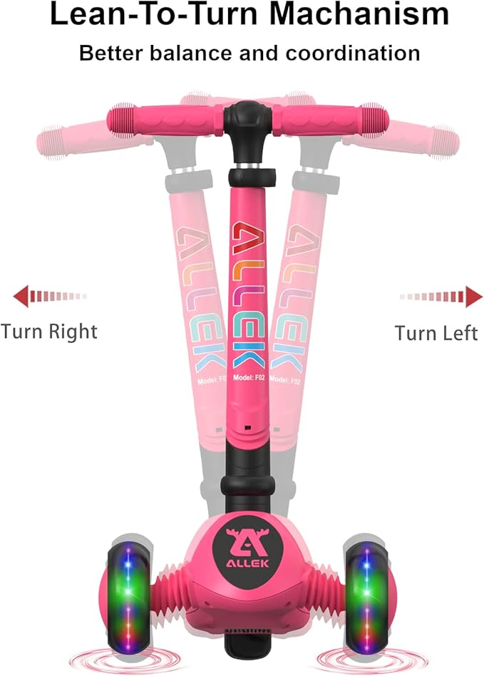 Allek Kick Scooter Foldable F02, 3-Wheel LED Flashing Glider and 4 Adjustable Height with Anti-Slip Thick Deck Push Scooter for Children 3-12yrs
