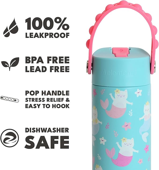Elemental Insulated Kids Water Bottle, Stainless Steel Water Bottle with Straw Lid & Pop-It Handle, Leak-Proof Water Bottles for School, Boys or Girls, Travelling and Sports, 18oz - Meowmaid