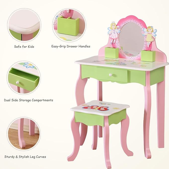 Kids Vanity Set Wooden Princess Play Makeup Table with Mirror, Drawer & Flower Fairy Design, Includes Stool - Toddler Girls Dress Up Dressing Furniture Gift for 3+ Years (Pink/Green)