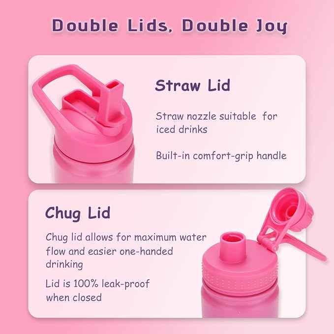 Mininoo Insulated Kids Water Bottle, 12 oz Stainless Steel Water Bottle Kids with Straw Lid and Chug Lid for Girls, Boys (Sweat Peach)