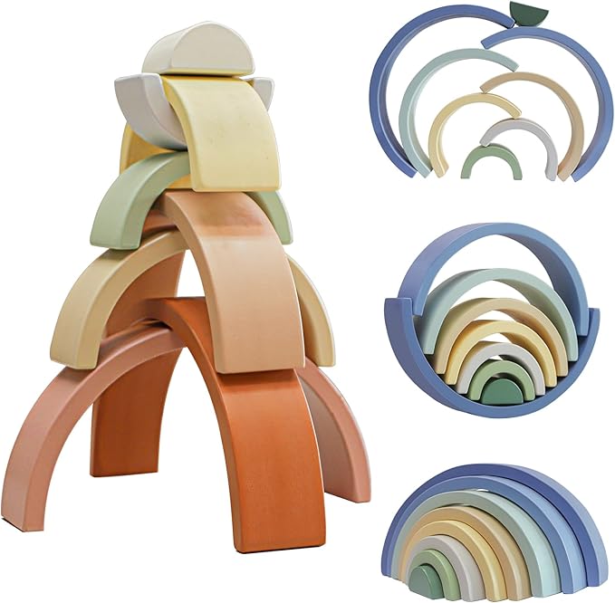Asweets Wooden Stackable Rainbow Toy, 8 PCS Wooden Building Blocks Set for 1 2 3 Baby, Kids and Toddlers, Montessori Rainbow Nesting Puzzle, Best for 18M+, Cognitive Development (Blue)