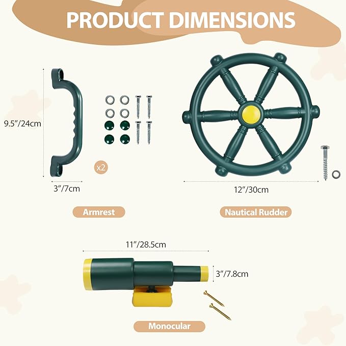 RedSwing Playground Accessories for Kids, Play Set Attachments with Pirate Ship Wheel, Telescope and Safety Handles for Outdoor Backyard, Swing Set Replacement for Treehouse, Easy to Set Up