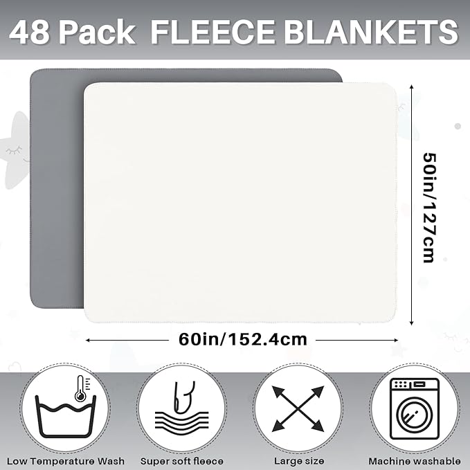 Newwiee 48 Pcs Fleece Throw Blankets Bulk Outdoor Wedding Guest Gifts Soft Lightweight Sleepover Lap Blankets Pet Home Sofa Couch Office Donation Homeless, 50 x 60 Inch (White/Gray)