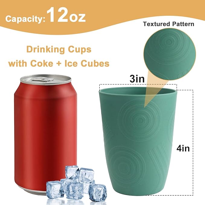 Glasses Drinking Set 6 PCS - Wheat Straw Cups Lightweight Plastic Cup Set 12 OZ Unbreakable Cups Microwave and Dishwasher Safe Water Tumbler, Kitchen Cup for Picnics, Camping, RV - Green