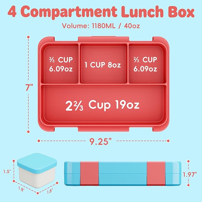 Bento Lunch Box for Kids, 4 Compartments Kids Leak Proof Back to School Bento Lunch Boxes Food Containers for School, Travel, On-the-Go Meal, Food Grade, Microwave, Dishwasher Safe