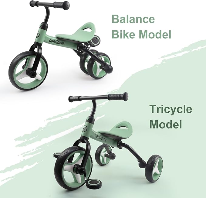 YGJT 4 in 1 Tricycle for Toddlers Age 2-5, Folding Toddler Bike Kids Trike Tricycles with Adjustable Seat and Removable Pedal, Baby Balance Bike Ride-on Toys Gift for Baby Boys Girls Birthday(Green)