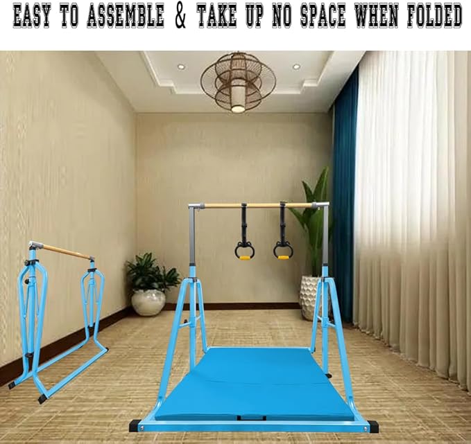 Foldable Gymnastics Kip Bar,Horizontal Bar for Kids,No Wobble Gym Equipment for Home Indoor,3' to 5' Adjustable Height,Gymnasts 1-4 Levels,300 lbs Weight Capacity