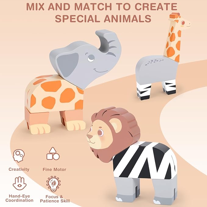 Joyreal Magnetic Mix or Match Jungle Animals Toy Play Set, 16 Pcs Wooden Building Blocks Play Set Toy for 1 Year Old, Fine Motor Montessori Game Preschool Educational Gift for Ages 1-5