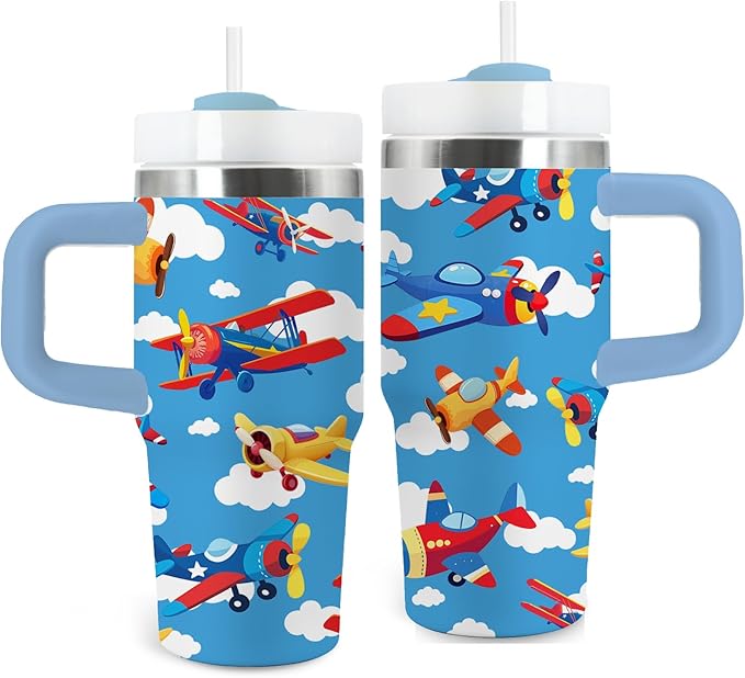 Airplane Gifts for Boys - 14oz Blue Kids Helicopter Airplane Tumbler with Handle and Straw, Stainless Steel Insulated Water Cup, for Sport, School - Airplane Themed Children Birthday Gifts Cup(1pc)