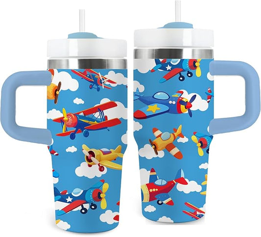 Airplane Gifts for Boys - 14oz Blue Kids Helicopter Airplane Tumbler with Handle and Straw, Stainless Steel Insulated Water Cup, for Sport, School - Airplane Themed Children Birthday Gifts Cup(1pc)