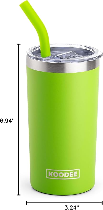 koodee Kids Tumbler with Straw-12 oz Skinny Tumbler Stainless Steel Double Wall Vacuum Insulated Cup with Spill Proof Lid, Sweat-Free(Apple Green)