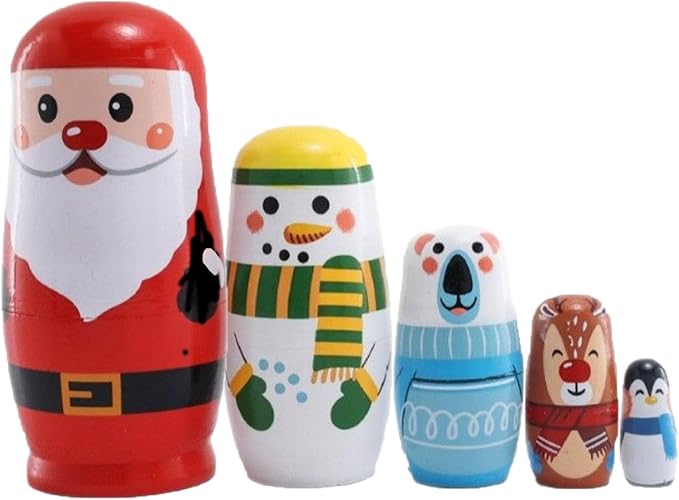 Christmas Cartoon Animals Nesting Dolls Wooden Matryoshka Russian Doll Handmade Stacking Toy Set 5 Pieces for Kids