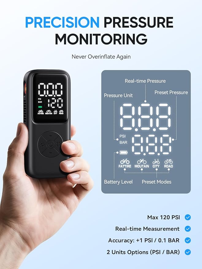 Mini Electric Bike Pump,120 PSI Bike Pump Portable with Guage Auto Stop, Bicycle Pump with Presta and Schrader, Bike Tire Pump Valve for Road Bicycle, Mountain Bike, E-Bike,Sports Ball