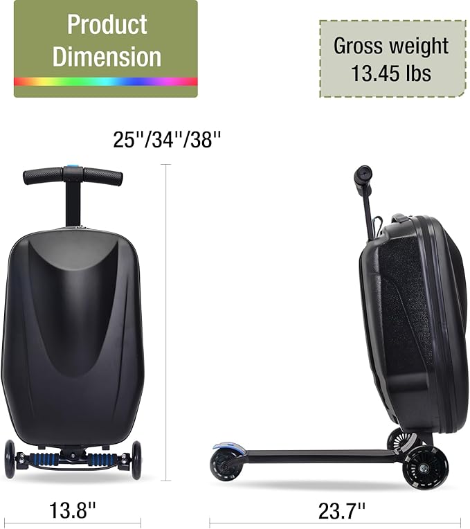 20" Scooter Suitcase for Kids, 2-in-1 Ride On Luggage with Wheels for Boys & Girls Ages 4-15, Foldable Hardshell Carry On Lightweight Travel Suitcase for Airplane