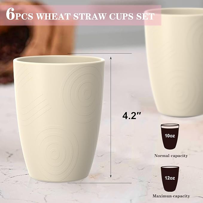 Homienly Wheat Straw Cups, Alternative to Plastic Cups Set of 6, Premium Drinking Glasses - 12 OZ, Unbreakable Drinking Cup, Dishwasher & Microwave Safe Tumbler Cup for Kitchen, Kids, Picnic - Beige