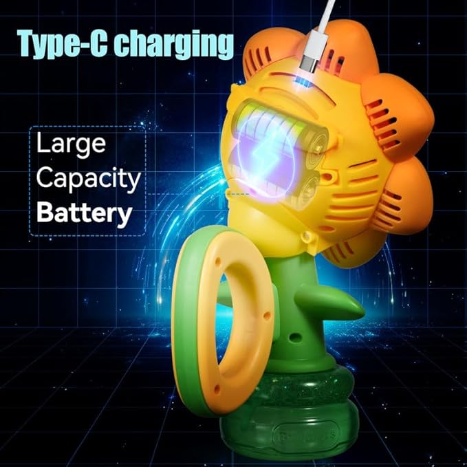 Sunflower Bubble Machine for Kids Automatic Flower Bubble Toy with Colorful Lighting for Toddlers Handheld 20000+Bubbles 3 Modes Fun Swing Dance Bubble Maker Blower Blaster Outdoor Toys Type-C Yellow