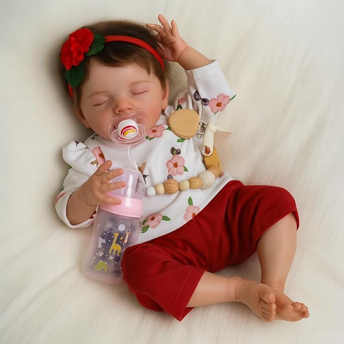 SCOM 20 Inch Realistic Reborn Baby Doll, Lifelike Newborn Sleeping Girl, Soft Cloth Body & Vinyl Limbs, Gift Feeding Set & Gift Box, Safe Toy for Kids 3+ / Companionship Doll