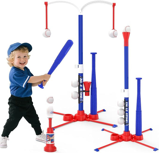 EagleStone 3-in-1 Toddler T Ball Set for Kids 3-5 5-8, 2 Baseball Bats, Adjustable Height Hanging Tee, Tball Batting Stand, Ball Launcher, Outdoor/Indoor Baseball Toys,Backyard Sports Gift