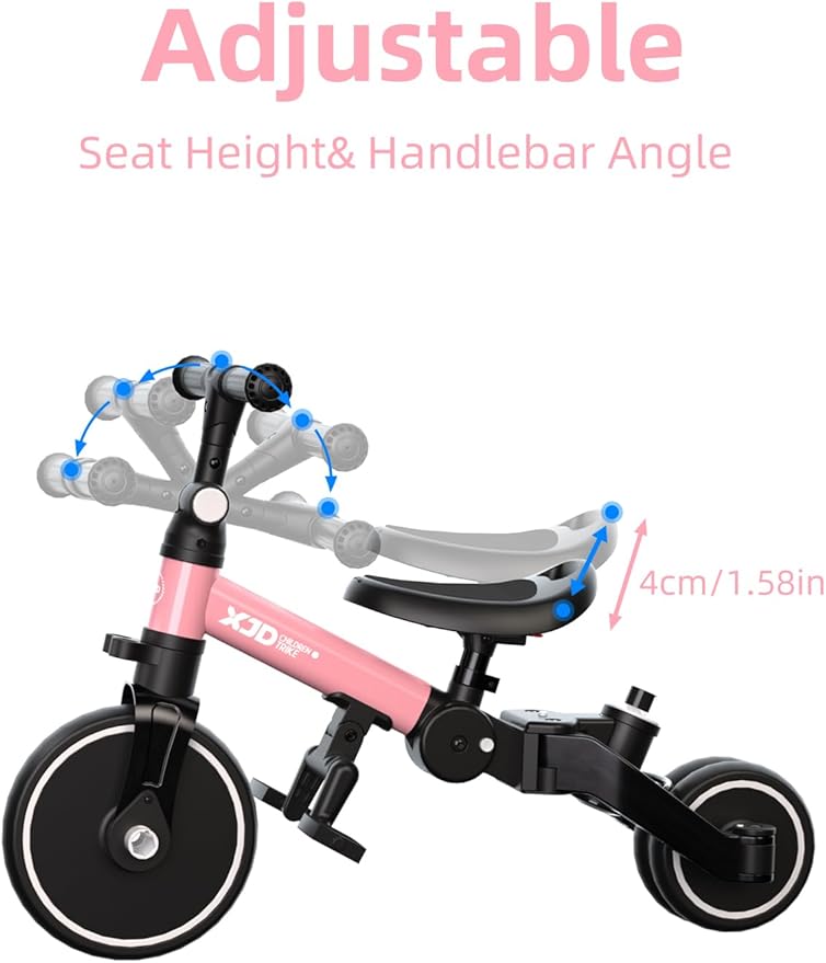 XJD Toddler Bike, 6 in 1 Folding Toddler Tricycle for 1-4 Year Old with Parental Control Handle, Balance Bike with Removable Pedal, Backrest, Adjustable Seat and Handle, First Birthday Gifts (Pink)