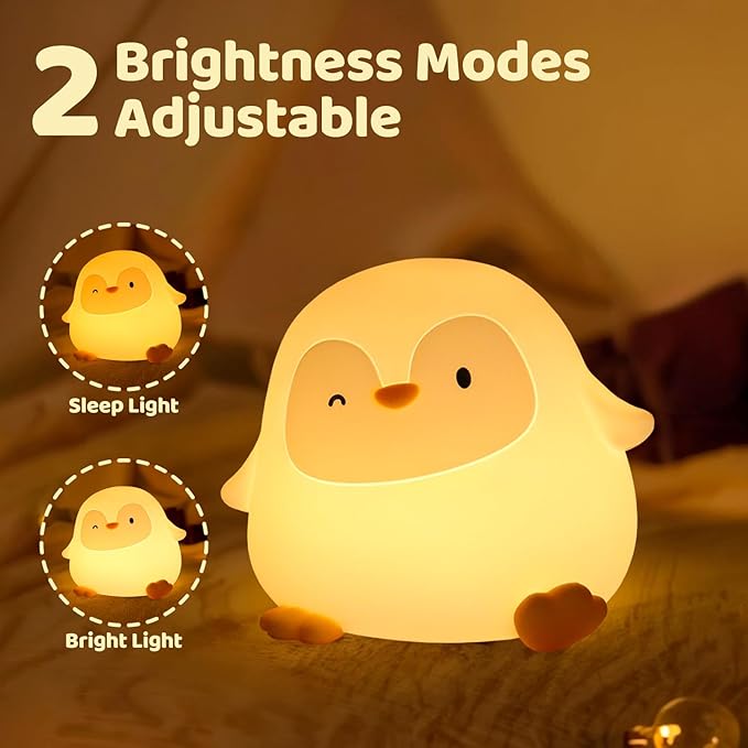 Penguin Silicone Night Light for Kids - Squishy LED Lamp with Soft Touch, USB Rechargeable & Long Battery - Cute Winter Animal Decor for Nursery & Gifts