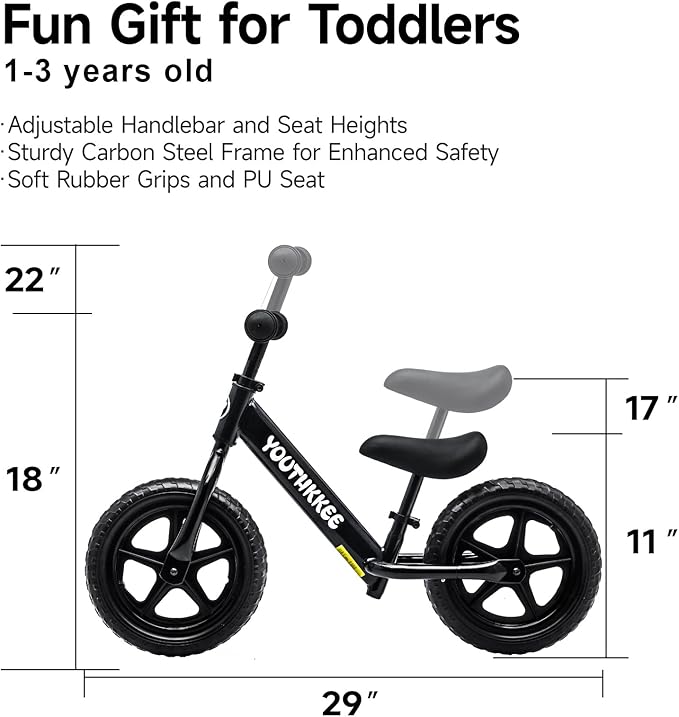 12 Inch Toddler Balance Bike for 1-3 Year Olds, No-Pedal Bike with Tool-Free Adjustable Seat, Quick Assembly, Gift for 1-3 Year Old Boys & Girls with Customizable Plate