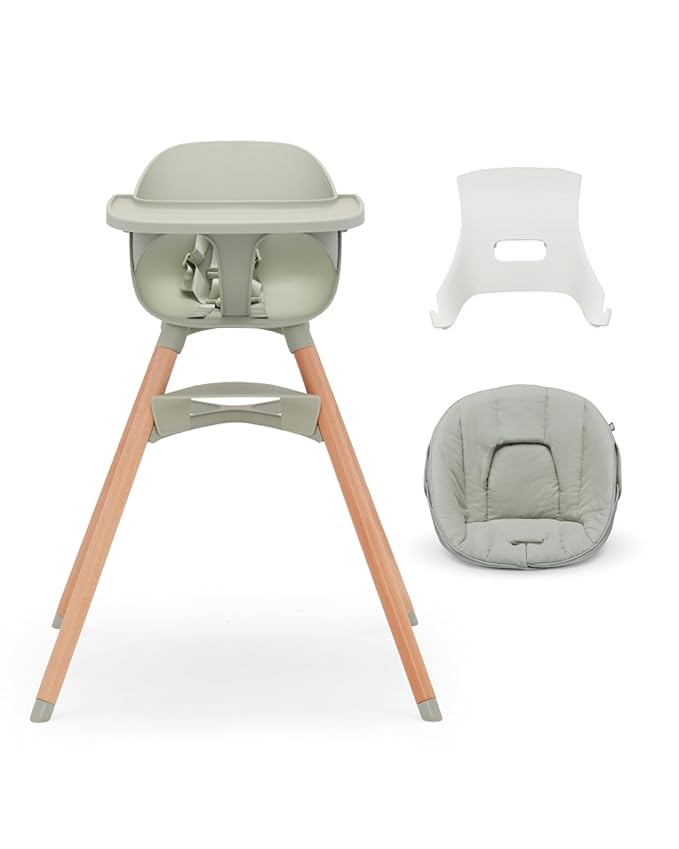 Lalo The High Chair Infant Kit - Convertible Wooden High Chair for Babies & Toddlers with Infant Support & Cushion, Grows with Your Child, Dishwasher Safe Tray, Adjustable Footrest Sage