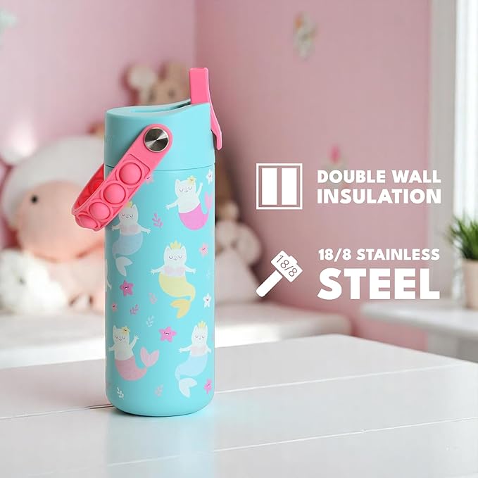 Elemental Insulated Kids Water Bottle, Stainless Steel Water Bottle with Straw Lid & Pop-It Handle, Leak-Proof Water Bottles for School, Boys or Girls, Travelling and Sports, 18oz - Meowmaid
