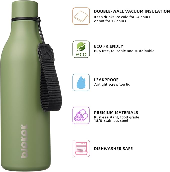 BJPKPK Insulated Water Bottles, 25 oz Stainless Steel Metal Water Bottle with Strap, BPA Free Leak Proof Thermos, Mugs, Flasks, Reusable Water Bottle for Sports & Travel, Forest Green