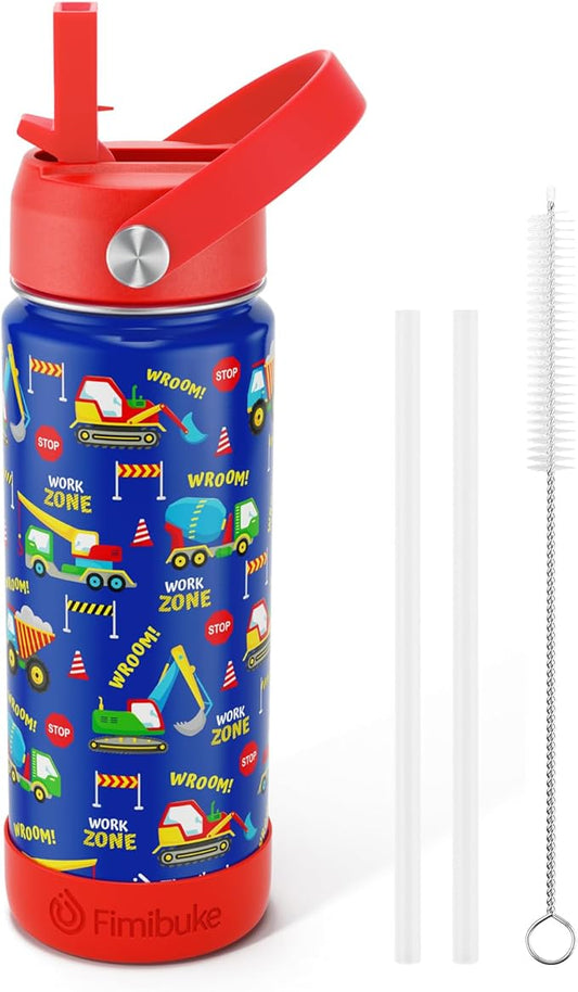 Fimibuke Kids Insulated Water Bottle, 18oz BPA FREE 18/8 Stainless Steel Kids Cup with Straw Travel Tumbler Double Wall Vacuum Leak Proof Toddler Water Bottle for School Boys Girls(1 Pack, Trucks)