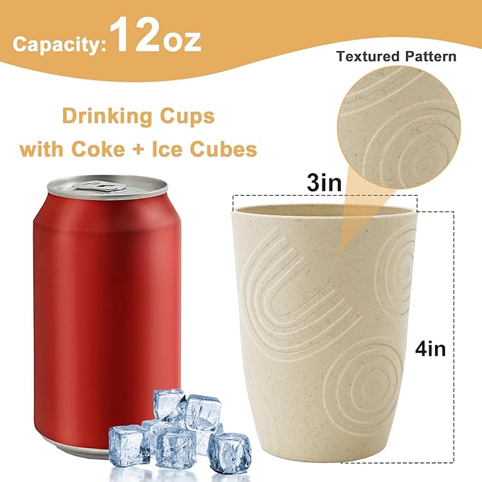 12 oz Wheat Straw Cups Set of 6, Alternatives to Plastic Cups Reusable, Unbreakable Water Cups, Dishwasher Safe Kitchen Cup, Small Water Cups for Kitchen (Beige)