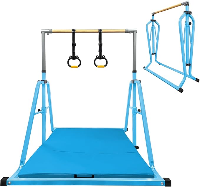 Foldable Gymnastics Kip Bar,Horizontal Bar for Kids,No Wobble Gym Equipment for Home Indoor,3' to 5' Adjustable Height,Gymnasts 1-4 Levels,300 lbs Weight Capacity
