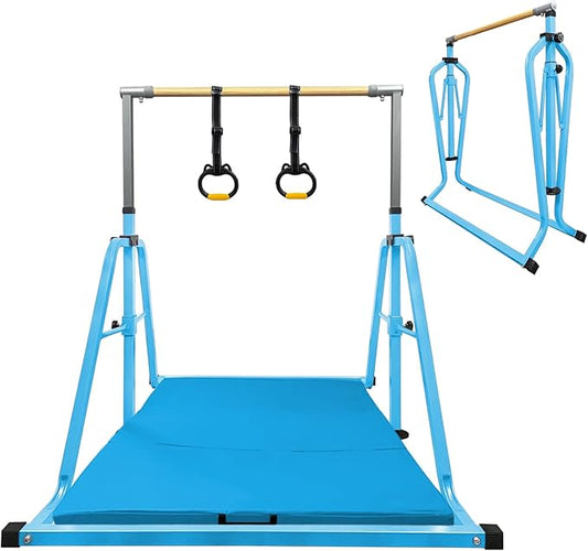 Foldable Gymnastics Kip Bar,Horizontal Bar for Kids,No Wobble Gym Equipment for Home Indoor,3' to 5' Adjustable Height,Gymnasts 1-4 Levels,300 lbs Weight Capacity