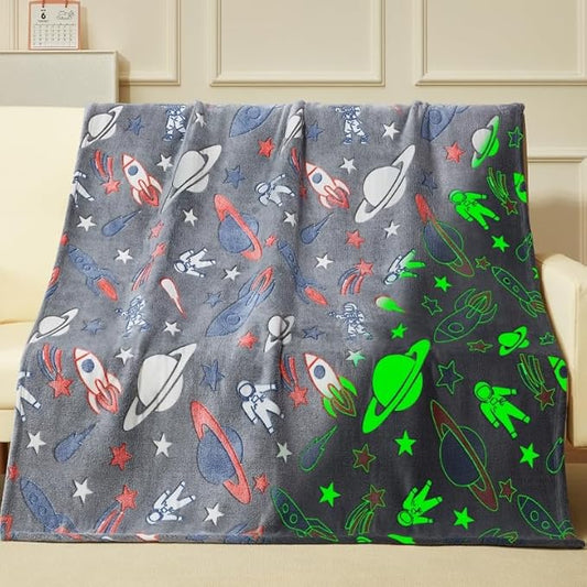 Glow in The Dark Blanket,Space Gifts Toys for Boys Girls, Astronaut Birthday Presents Decor for Kids Age 3-14 Year Old Son Teen Child Toddler Luminous Christmas Bedroom Throw Blanket 50"x60"